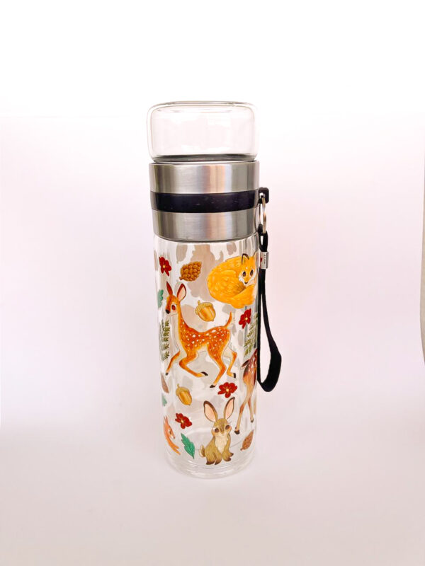 BOTELLA DE VIDRIO PARA TE: ANIMALITOS DEL BOSQUE FLORES ROJAS