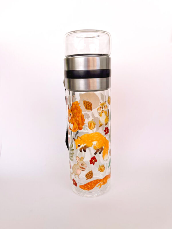 BOTELLA DE VIDRIO PARA TE: ANIMALITOS DEL BOSQUE FLORES ROJAS