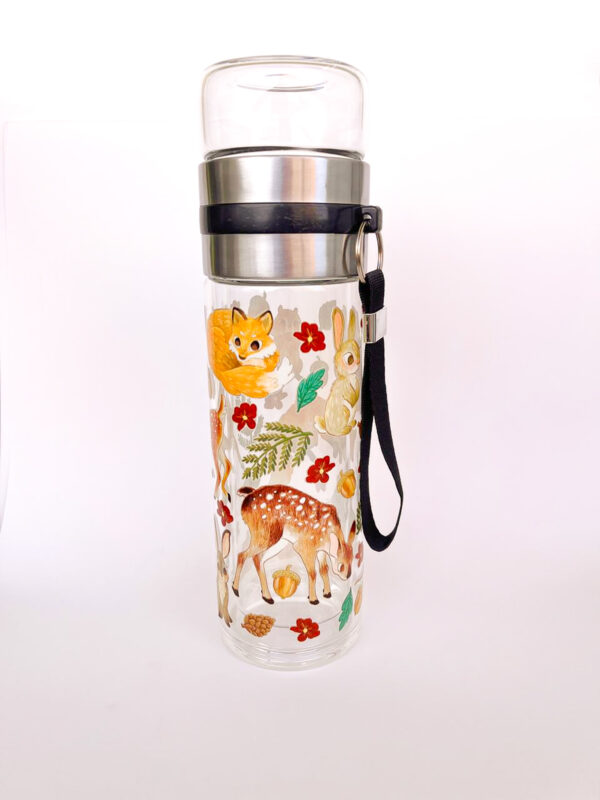 BOTELLA DE VIDRIO PARA TE: ANIMALITOS DEL BOSQUE FLORES ROJAS