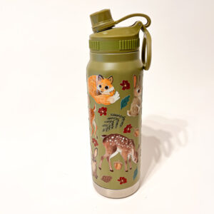 BOTELLA TERMICA VERDE: ANIMALES DEL BOSQUE FLOR ROJA