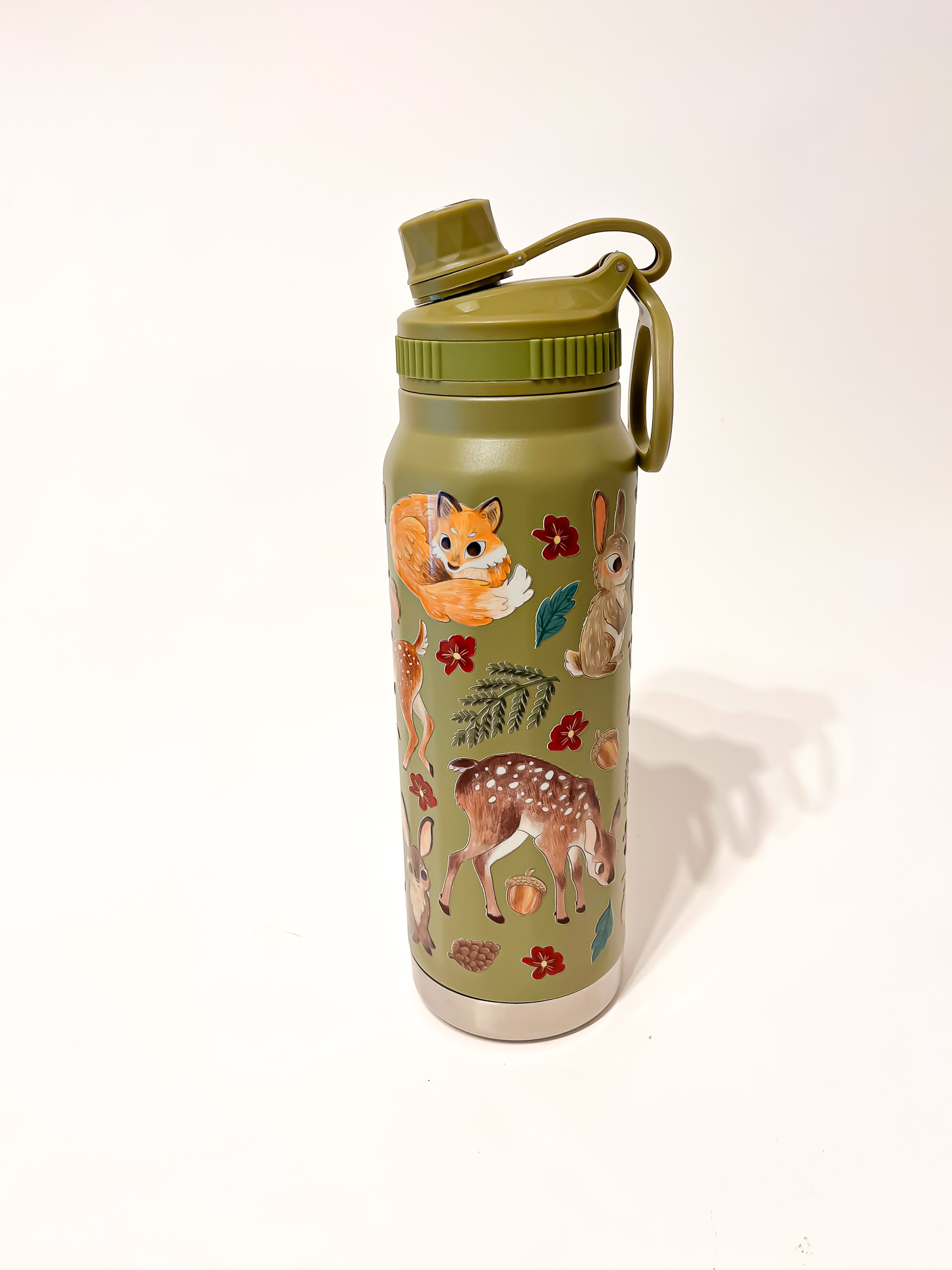 BOTELLA TERMICA VERDE: ANIMALES DEL BOSQUE FLOR ROJA - Imagen 1